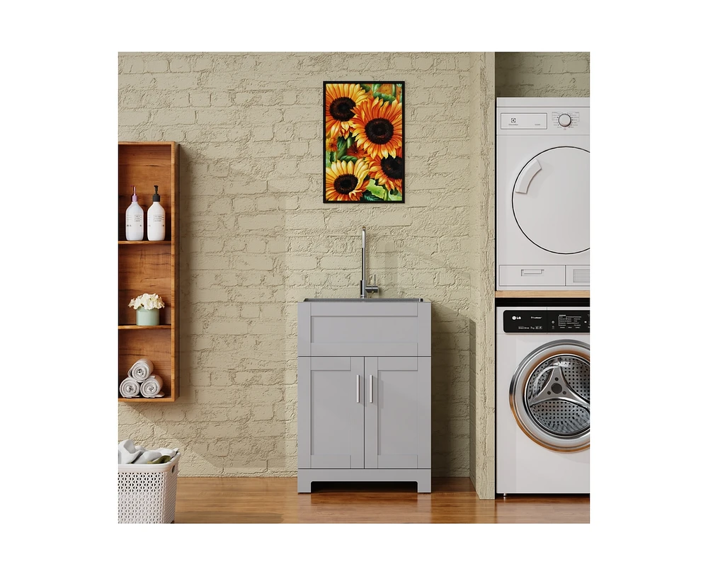 Casainc 24" Bathroom Sink Vanity Laundry Utility Gray Cabinet w/ Stainless Steel Sink Combo
