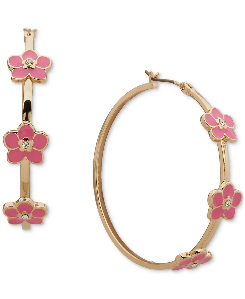 Karl Lagerfeld Paris Gold-Tone Enamel & Crystal Flower Medium Hoop Earrings, 1.6"