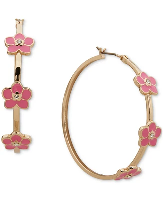 Karl Lagerfeld Paris Gold-Tone Enamel & Crystal Flower Medium Hoop Earrings, 1.6"