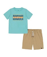 Quiksilver Toddler and Little Boys 2-Piece Short Sleeve Logo Graphics T-Shirt Stretch Tech Shorts Set