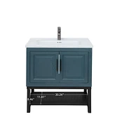 Casainc 32" Bathroom Vanity with White Ceramic Sink & Faucet,Freestanding Bathroom Cabinet with 2 Storage Doors and Open iron Shelf