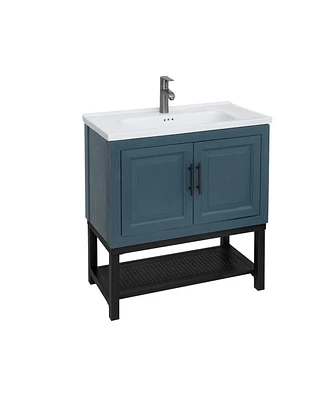 Casainc 32" Bathroom Vanity with White Ceramic Sink & Faucet,Freestanding Bathroom Cabinet with 2 Storage Doors and Open iron Shelf