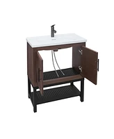 Casainc 24" Bathroom Vanity with White Ceramic Sink & Faucet,Freestanding Bathroom Cabinet with 2 Storage Doors and Open iron Shelf