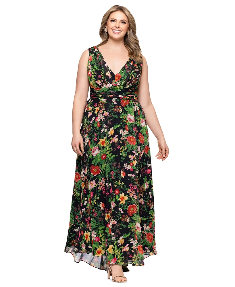 Betsy & Adam Plus Floral Print V-Neck Sleeveless Gown