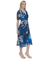 Dkny Women's V-Neck Ruched-Sleeve Belted Midi Dress