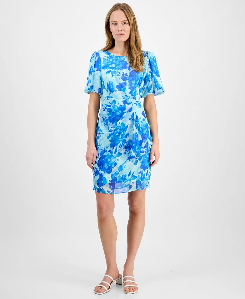 Connected Women's Floral-Print Chiffon Short-Sleeve Dress