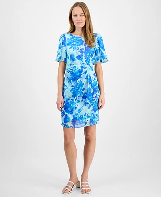 Connected Women's Floral-Print Chiffon Short-Sleeve Dress