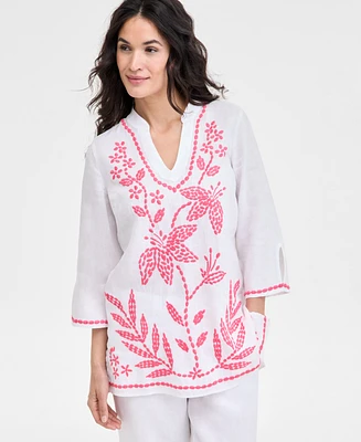 Charter Club Women's Embroidered 100% Linen Tunic Top, Exclusively at Macy's