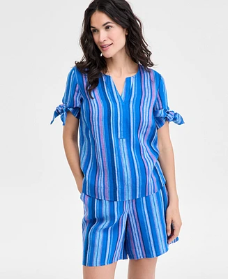 Charter Club Women's Striped 100% Linen Tied-Sleeve Top, Exclusively at Macy's