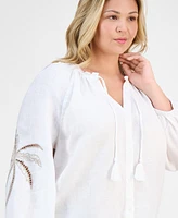Charter Club Plus Embroidered-Palm Linen Top, Exclusively at Macy's