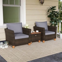 3 Pcs Outdoor Patio Rattan Bistro Furniture Set Wooden Table Top Cushioned Sofa