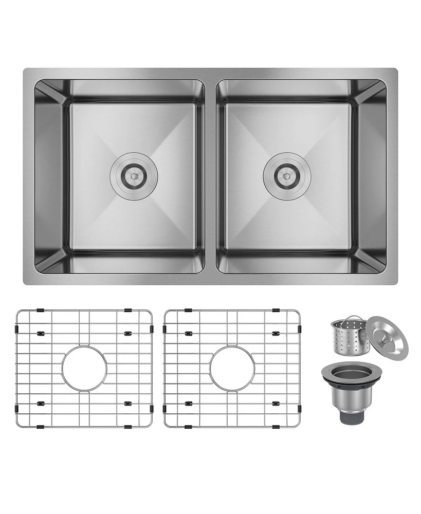 31-Inch Brushed Stainless Steel Sink Under The Table 9-Inch Deep 50/50 Double Grooves With Drain Grid And Drainer