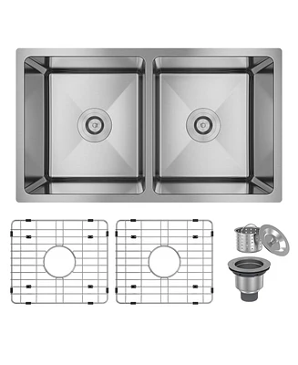 31-Inch Brushed Stainless Steel Sink Under The Table 9-Inch Deep 50/50 Double Grooves With Drain Grid And Drainer