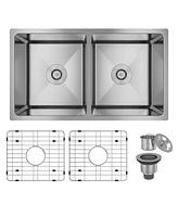 31-Inch Brushed Stainless Steel Sink Under The Table 9-Inch Deep 50/50 Double Grooves With Drain Grid And Drainer