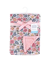Hudson Baby Girls Plush Blanket with Furry Binding and Back, Pink Blue Pretty Floral, One Size