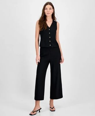 Bar Iii Womens Textured Knit Button Front Vest Cropped Pull On Pants Exclusively At Macys