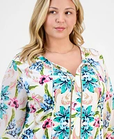 Jm Collection Plus Printed Mixed-Media Top, Exclusively at Macy's