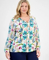 Jm Collection Plus Size Ladder Trim Printed Mixed Media Top Pull On Capri Pants Exclusively At Macys