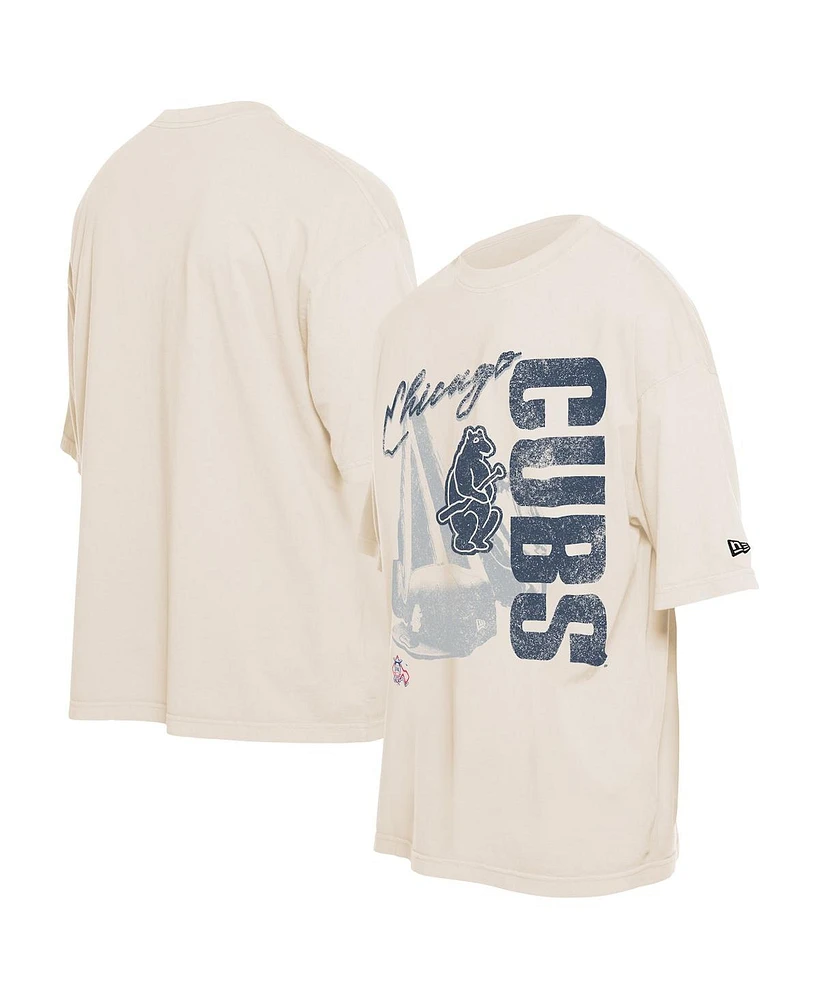 New Era Men's Cream Chicago Cubs Cooperstown Collection Oversized Throwback Distressed T-Shirt