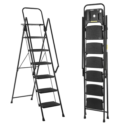 6 Step Folding step stool with bandwidth anti slip pedals and tool trays, lightweight and portable steel step stool