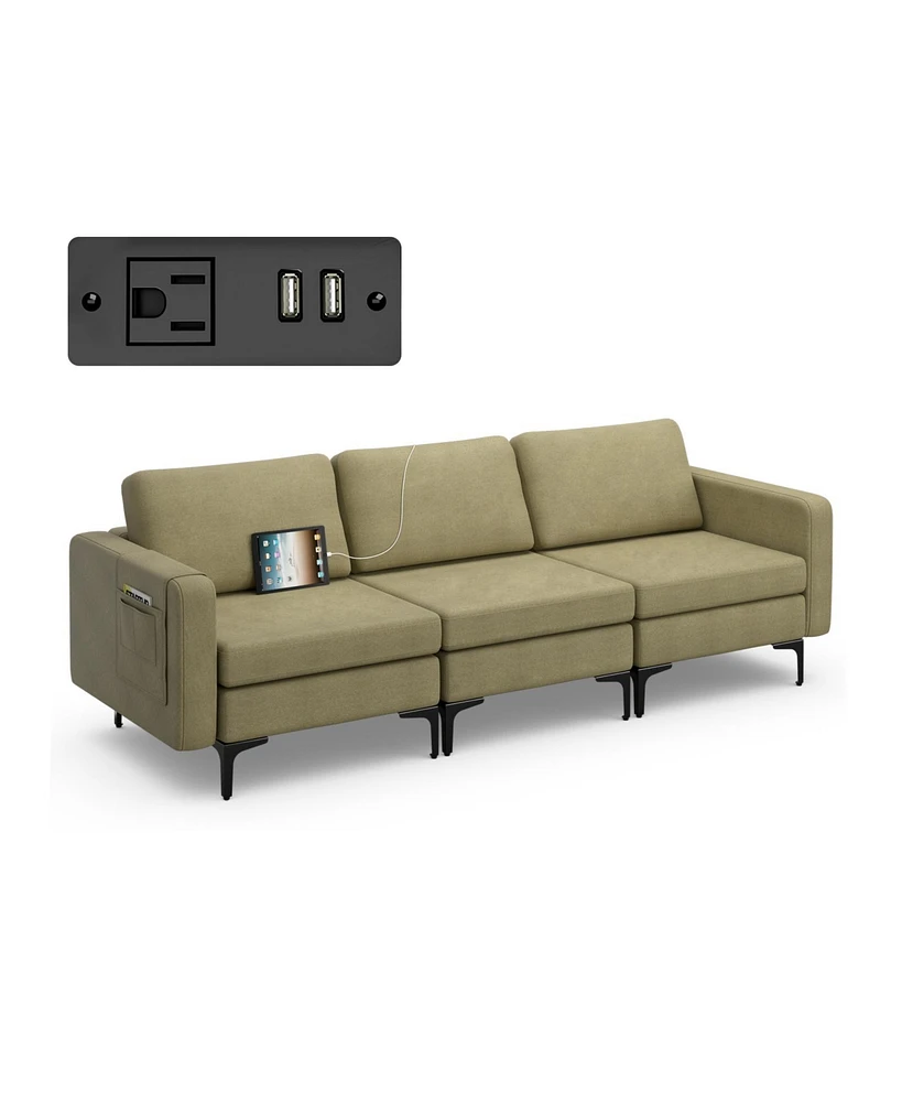 Convertible Leather Sofa Couch with Magazine Pockets 3-Seat with 2 Usb Port