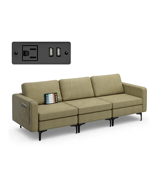 Convertible Leather Sofa Couch with Magazine Pockets 3-Seat with 2 Usb Port