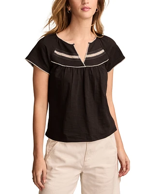 Lucky Brand Women's Cotton Contrast-Trim Short-Sleeve Peasant Top
