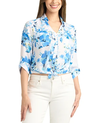 Bcx Juniors' Dobby Print Tie-Front 3/4-Sleeve Blouse