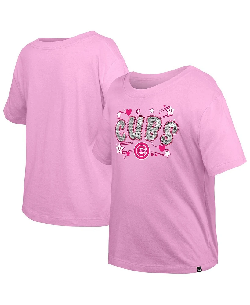 New Era Big Girls Light Pink Chicago Cubs Flip Sequin Team T-Shirt