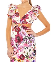 Mac Duggal Women's Floral Print Ruffle Shoulder Cut Out Gown