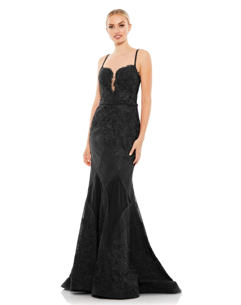 Mac Duggal Women's Embroidered Sleeveless Plunge Neck Trumpet Gown