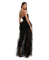 Mac Duggal Women's Strapless Bustier Net Gown With Spiral Ruffles