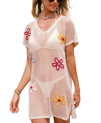 Cupshe Women's Flower Patch Beige Cover-Up Mini Beach Dress
