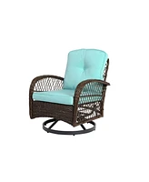 3-Piece Swivel Rocker Patio Set, Blue chairs, cushions, glass table
