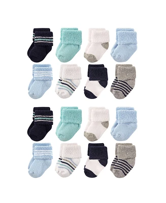 Luvable Friends Baby Boys Cotton Rich Terry Socks 16-Pack, Mint Navy Stripes