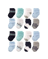 Luvable Friends Baby Boys Cotton Rich Terry Socks 16-Pack, Mint Navy Stripes