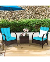 3 Pcs Patio Wicker Rattan Furniture Set Coffee Table & 2 Rattan Chair