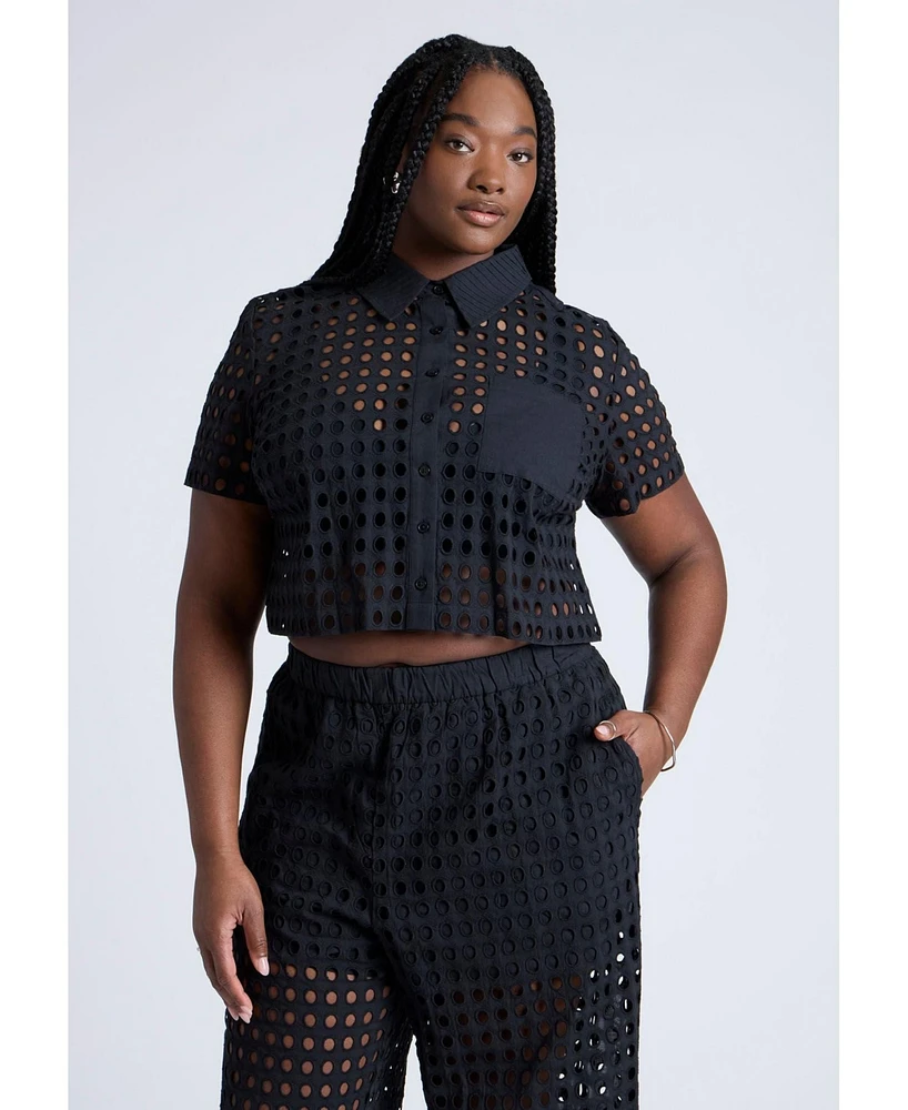 Eloquii Plus Eyelet Short Sleeve Button Up Top