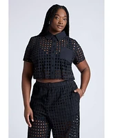 Eloquii Plus Eyelet Short Sleeve Button Up Top