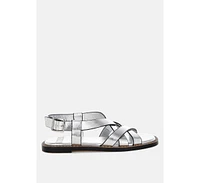 Doata Metallic Genuine Leather Buckled Flats