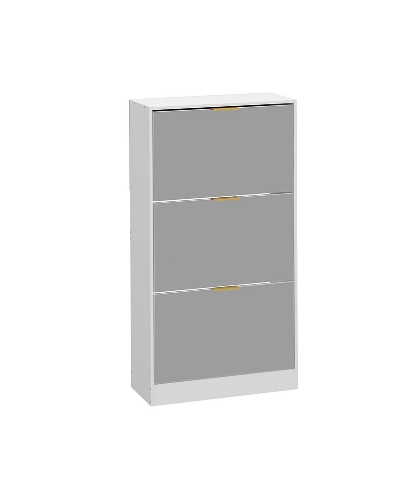 Wooden 3-door natural shoe cabinet,Mirror door panel, multi-purpose rack with metal handles