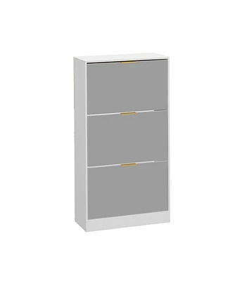 Wooden 3-door natural shoe cabinet,Mirror door panel, multi-purpose rack with metal handles