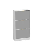 Wooden 3-door natural shoe cabinet,Mirror door panel, multi-purpose rack with metal handles
