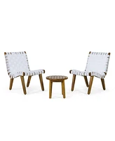 Outdoor Acacia Wood and Rope Weave 3 Piece Chat Set, White and Teak
