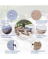 6-Piece Outdoor Pe Rattan Wicker Sofa Set with Storage & Glass Table