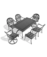 7-Piece Cast Aluminum Dining Set, 2 Swivel, 4 Chairs, Rectangular Table, Black Frame