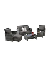 6 Piece Wicker Patio Furniture Sets with Ottoman & Tempered Glass Coffee Table
