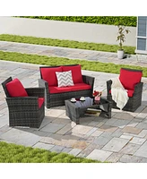 4-Piece Outdoor Patio Furniture Set, Rattan Chairs, Glass Table