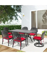 7-Piece Cast Aluminum Dining Set, 2 Swivel, 4 Chairs, Rectangular Table, Black Frame