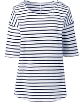 Lands' End Women's Supima Micro Modal Elbow Sleeve Balletneck Curved Hem Stripe Top